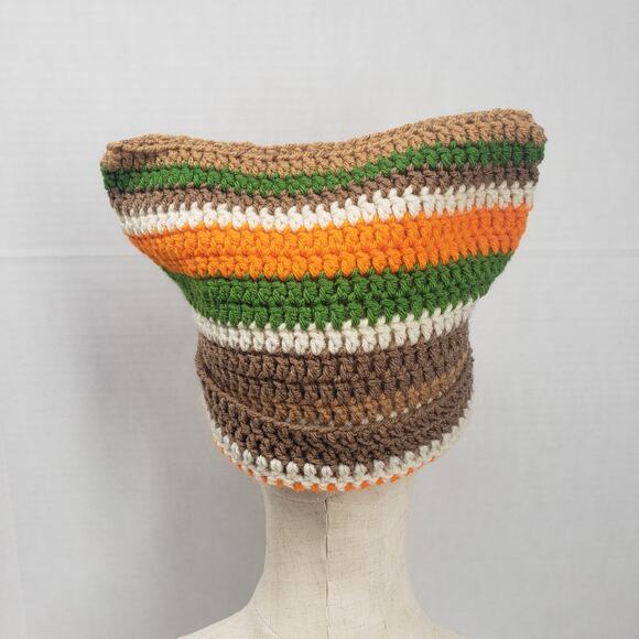 Cat Ear Beanie Crochet Hat Brown Green Stripe Handmade Knit Kitty Soft Winter main image 8